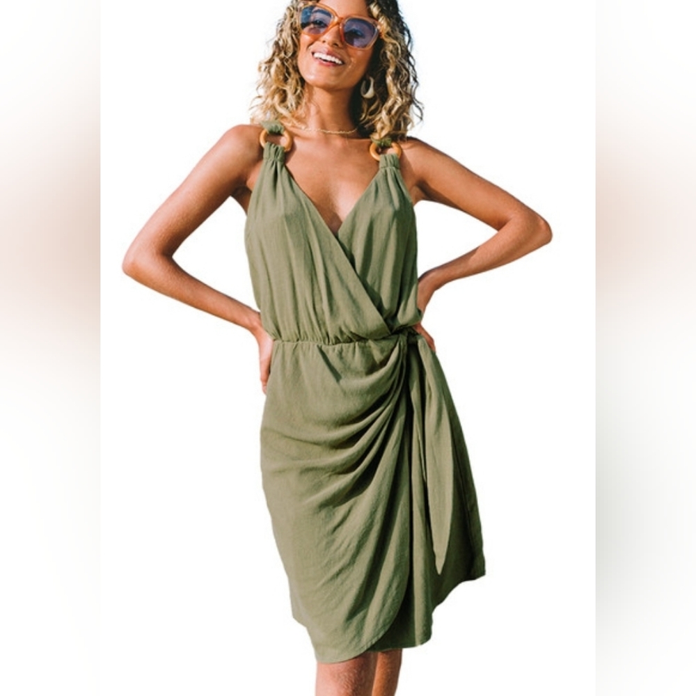 CUPSHE olive green linen blend faux wrap popover beachy swim cover up dress